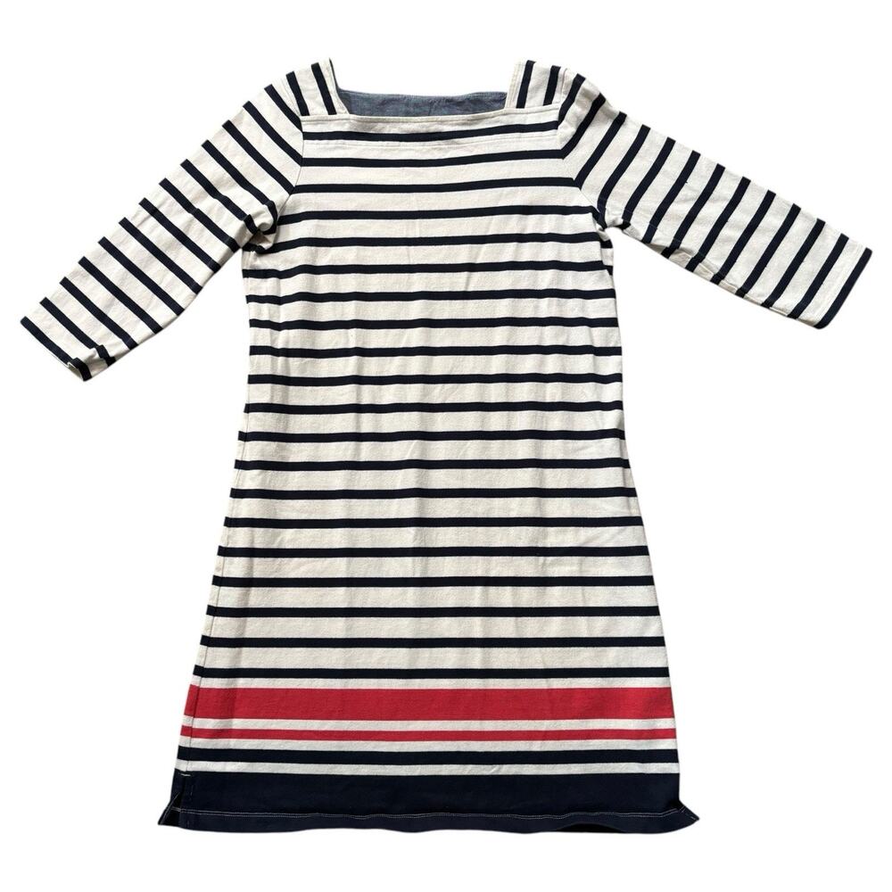 LL Bean Nautical Stripe Cotton Dress Square Neck 3/4 Sleeve Small Preppy